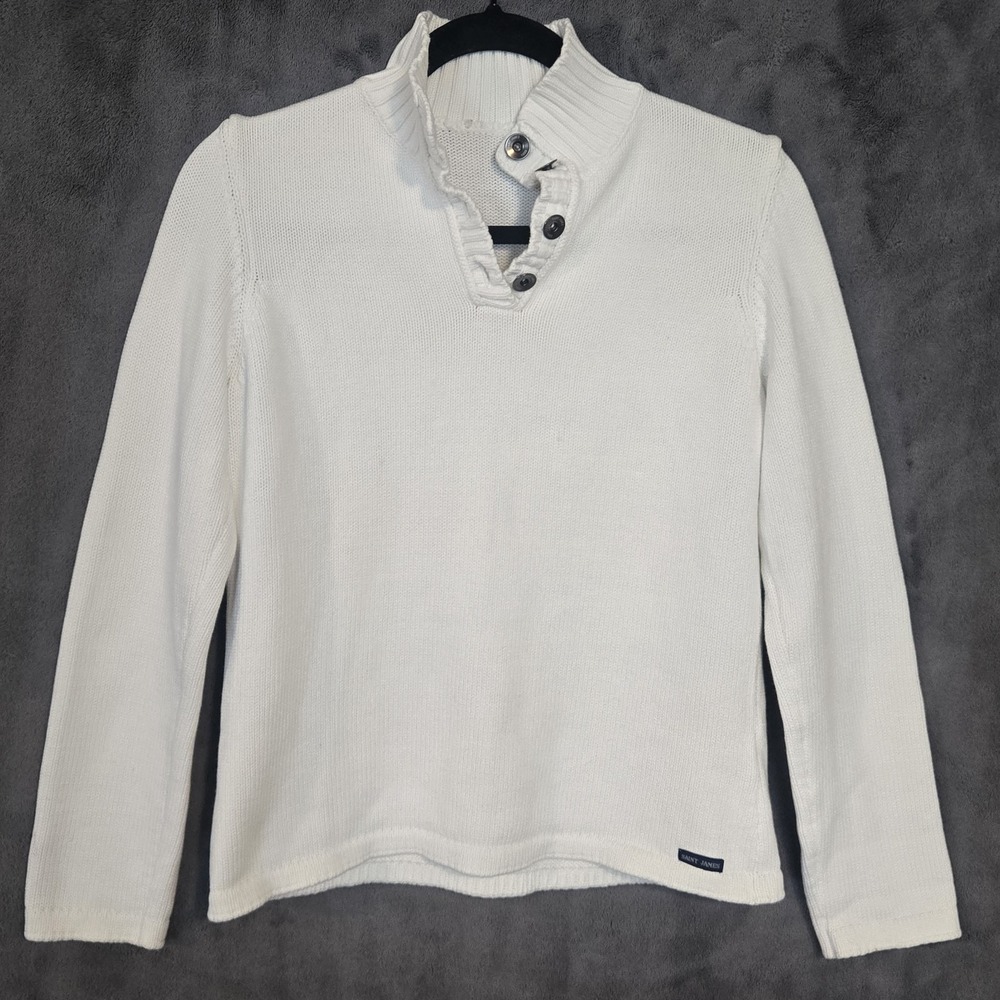 Saint James Knit Sweater Womens Size 8 White Cotton Button Neck